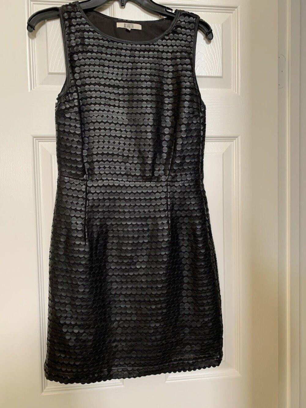 BB Dakota Sky Black Faux Leather Sheath Mini Dress Scallop Sleeveless